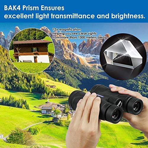  [아마존베스트]SUPALAK Binoculars 12 x 40 HD Anti-Fog Binoculars Night Vision Function BAK4 Prisms FMC Binoculars with Carry Bag and Mobile Phone Adapter Outdoor Telescope for Animal Watching, Hiking, Hu