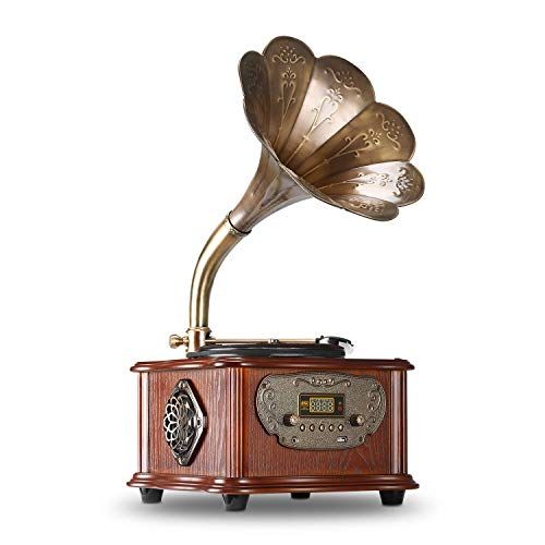  LuguLake Record Player Retro Turntable All in One Vintage Phonograph Nostalgic Gramophone for LP with Copper Horn, Built-in Speaker 3.5mm Aux-in/USB/FM Radio