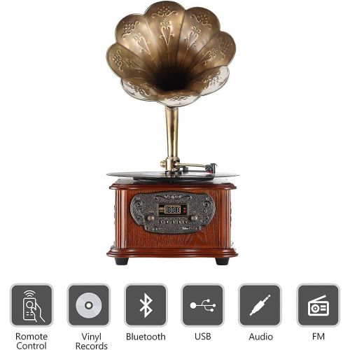  LuguLake Record Player Retro Turntable All in One Vintage Phonograph Nostalgic Gramophone for LP with Copper Horn, Built-in Speaker 3.5mm Aux-in/USB/FM Radio