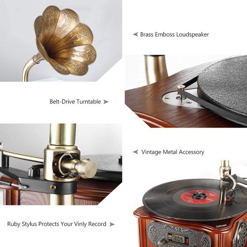  LuguLake Record Player Retro Turntable All in One Vintage Phonograph Nostalgic Gramophone for LP with Copper Horn, Built-in Speaker 3.5mm Aux-in/USB/FM Radio