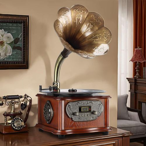  LuguLake Record Player Retro Turntable All in One Vintage Phonograph Nostalgic Gramophone for LP with Copper Horn, Built-in Speaker 3.5mm Aux-in/USB/FM Radio