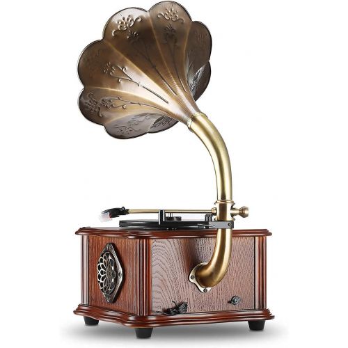  LuguLake Record Player Retro Turntable All in One Vintage Phonograph Nostalgic Gramophone for LP with Copper Horn, Built-in Speaker 3.5mm Aux-in/USB/FM Radio