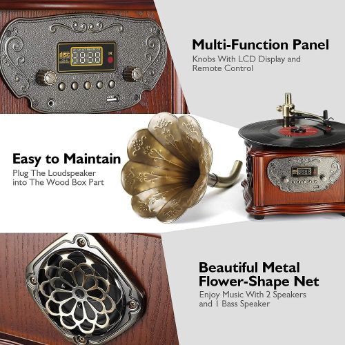  LuguLake Record Player Retro Turntable All in One Vintage Phonograph Nostalgic Gramophone for LP with Copper Horn, Built-in Speaker 3.5mm Aux-in/USB/FM Radio