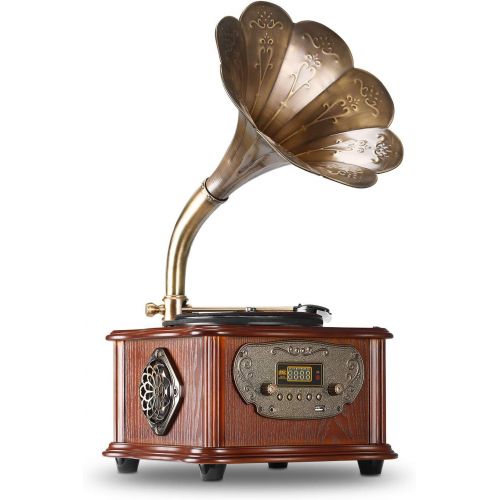  LuguLake Record Player Retro Turntable All in One Vintage Phonograph Nostalgic Gramophone for LP with Copper Horn, Built-in Speaker 3.5mm Aux-in/USB/FM Radio