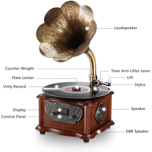  LuguLake Record Player Retro Turntable All in One Vintage Phonograph Nostalgic Gramophone for LP with Copper Horn, Built-in Speaker 3.5mm Aux-in/USB/FM Radio