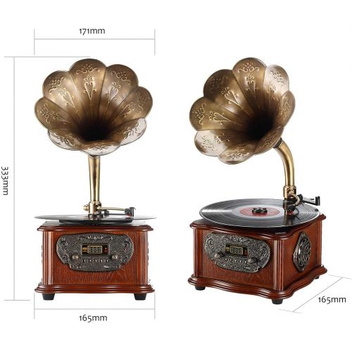  LuguLake Record Player Retro Turntable All in One Vintage Phonograph Nostalgic Gramophone for LP with Copper Horn, Built-in Speaker 3.5mm Aux-in/USB/FM Radio