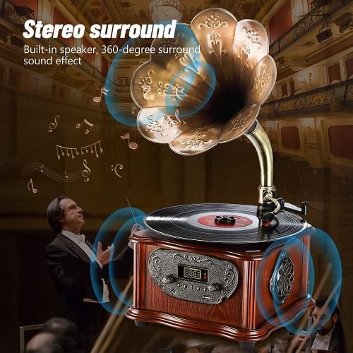  LuguLake Record Player Retro Turntable All in One Vintage Phonograph Nostalgic Gramophone for LP with Copper Horn, Built-in Speaker 3.5mm Aux-in/USB/FM Radio