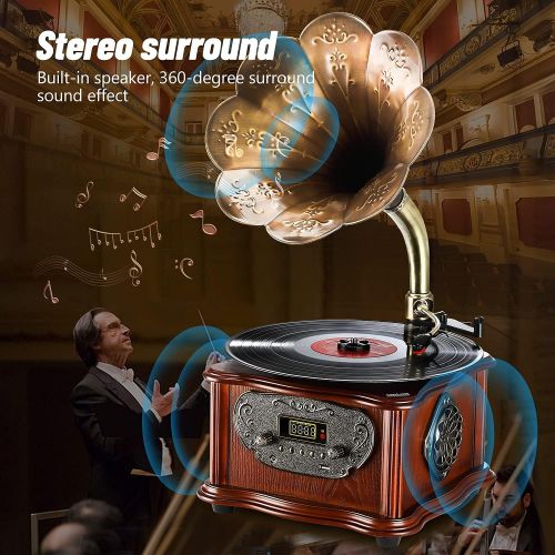  Visit the LuguLake Store LuguLake Record Player Retro Turntable, All in One Vintage Phonograph Gramophone for LP with Copper Horn, Built-in Speaker and Subwoofer 3.5mm Aux-in/USB/FM Radio