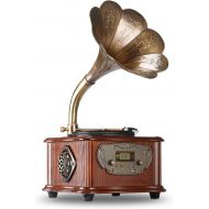 [아마존베스트]LuguLake Record Player Retro Turntable All in One Vintage Phonograph Nostalgic Gramophone for LP with Copper Horn, Built-in Speaker and Subwoofer 3.5mm Aux-in/USB/FM Radio