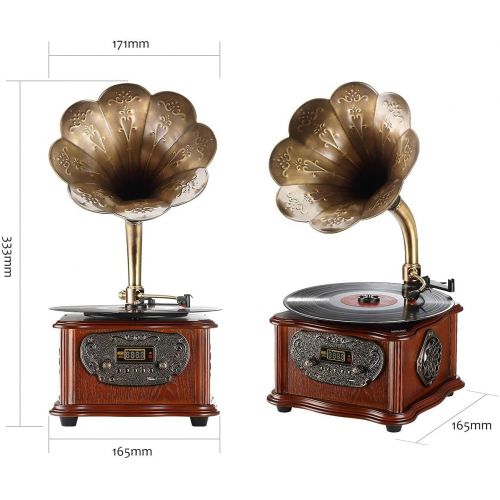  [아마존베스트]LuguLake Record Player Retro Turntable All in One Vintage Phonograph Nostalgic Gramophone for LP with Copper Horn, Built-in Speaker and Subwoofer 3.5mm Aux-in/USB/FM Radio