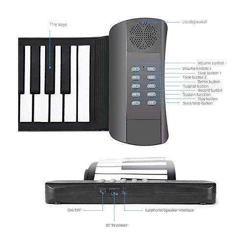  61 Keys Roll Up Piano keyboard piano Upgraded Portable Rechargeable Electronic Hand Roll Piano With Environmental Silicone Piano Keyboard for Beginners (Black)