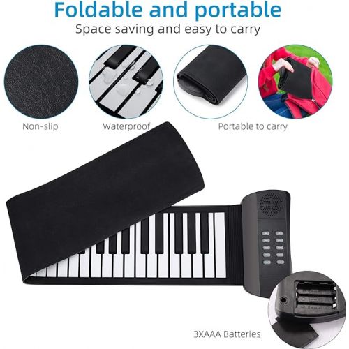  61 Keys Roll Up Piano keyboard piano Upgraded Portable Rechargeable Electronic Hand Roll Piano With Environmental Silicone Piano Keyboard for Beginners (Black)