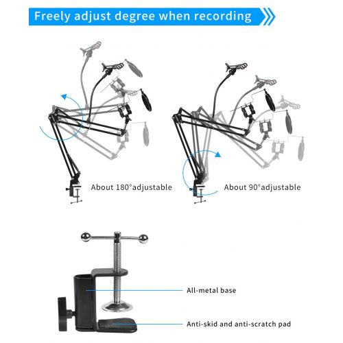  Te Bo Luling Arts Desktop Microphone Stand with Metal Base Fixed,Mic Pop Filter,Detachable Universal Cell Phone Holder,Adjustable Suspension Boom Scissor Arm Stands for Radio,Broadcast,S