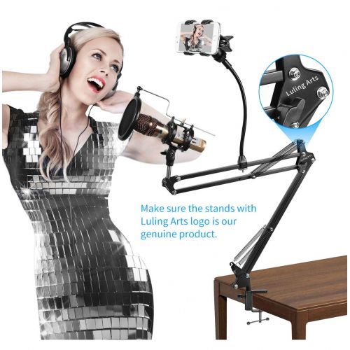  Te Bo Luling Arts Desktop Microphone Stand with Metal Base Fixed,Mic Pop Filter,Detachable Universal Cell Phone Holder,Adjustable Suspension Boom Scissor Arm Stands for Radio,Broadcast,S