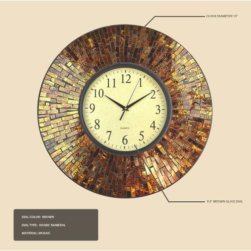  LuLu Decor, 19 Baltic Amber Mosaic Wall Clock with 9.5 Brown Arabic Glass Dial, 4.50 Mosaic Border, Silent Non-ticking Quartz, Perfect for Housewarming Gift (LP72)