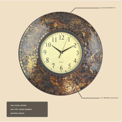  LuLu Decor, 19 Baltic Amber Mosaic Wall Clock with 9.5 Brown Arabic Glass Dial, 4.50 Mosaic Border, Silent Non-ticking Quartz, Perfect for Housewarming Gift (LP72)