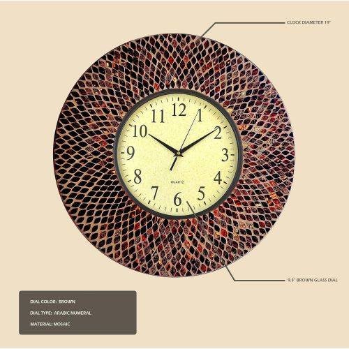  LuLu Decor, 19 Baltic Amber Mosaic Wall Clock with 9.5 Brown Arabic Glass Dial, 4.50 Mosaic Border, Silent Non-ticking Quartz, Perfect for Housewarming Gift (LP72)