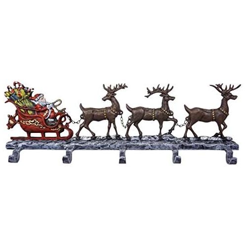 Lulu Decor, Cast Iron Christmas Stocking Holder with 5 Hooks, (Weight 10 lbs) Unique Design of Santa on Decorated Sleigh with 3 Deer, 28 Long, Perfect (5 Hooks)