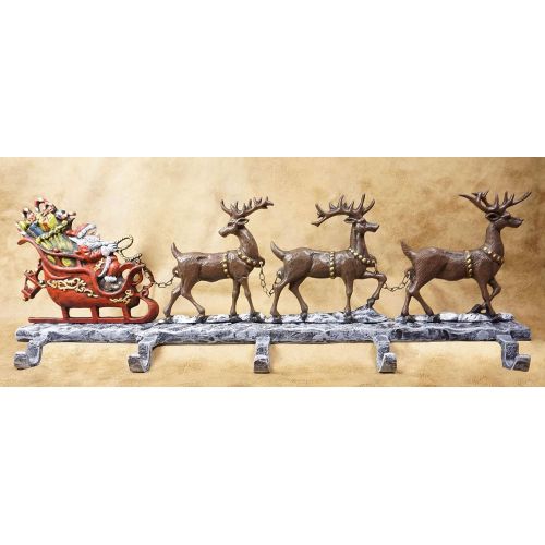  Lulu Decor, Cast Iron Christmas Stocking Holder with 5 Hooks, (Weight 10 lbs) Unique Design of Santa on Decorated Sleigh with 3 Deer, 28 Long, Perfect (5 Hooks)