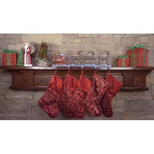  Lulu Decor, Cast Iron Christmas Stocking Holder with 5 Hooks, (Weight 10 lbs) Unique Design of Santa on Decorated Sleigh with 3 Deer, 28 Long, Perfect (5 Hooks)