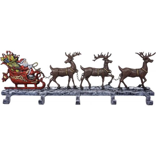  Lulu Decor, Cast Iron Christmas Stocking Holder with 5 Hooks, (Weight 10 lbs) Unique Design of Santa on Decorated Sleigh with 3 Deer, 28 Long, Perfect (5 Hooks)