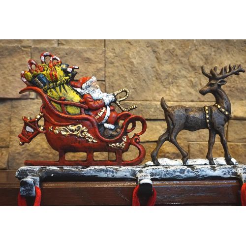  Lulu Decor, Cast Iron Christmas Stocking Holder with 5 Hooks, (Weight 10 lbs) Unique Design of Santa on Decorated Sleigh with 3 Deer, 28 Long, Perfect (5 Hooks)