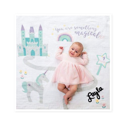  Lulujo lulujo Personalized Babys First Year You are Something Magical Unicorn and Castle Print Baby Girl Growth Blanket and Month Milestone Cards Set with Custom Name