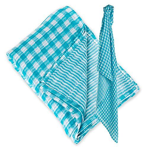  Lulujo Baby Reversible Cotton Muslin Swaddles Blanket, Aqua, 47 x 47-Inches