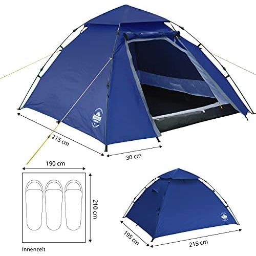  Lumaland Outdoor Pop Up Kuppelzelt Wurfzelt 3 Personen Zelt Sekundenzelt Camping Reise Trekking Festival etc. 215 x 195 x 120 cm Tragetasche