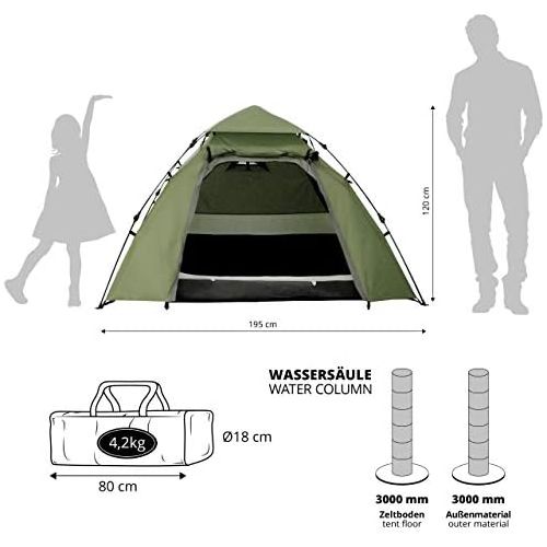  Lumaland Outdoor Pop Up Kuppelzelt Wurfzelt 3 Personen Zelt Sekundenzelt Camping Reise Trekking Festival etc. 215 x 195 x 120 cm Tragetasche