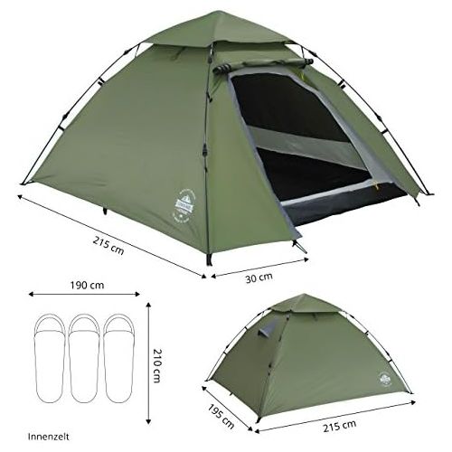  Lumaland Outdoor Pop Up Kuppelzelt Wurfzelt 3 Personen Zelt Sekundenzelt Camping Reise Trekking Festival etc. 215 x 195 x 120 cm Tragetasche