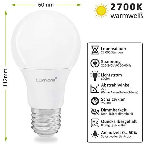  5er Sparset Lumare E27 LED Lampe 7W Ersetzt 60w 600 Lumen Watt Gluehbirne A60 Leuchtmittel 2700 Kelvin warmweiss Fassung