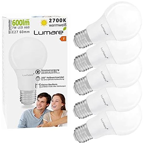  5er Sparset Lumare E27 LED Lampe 7W Ersetzt 60w 600 Lumen Watt Gluehbirne A60 Leuchtmittel 2700 Kelvin warmweiss Fassung