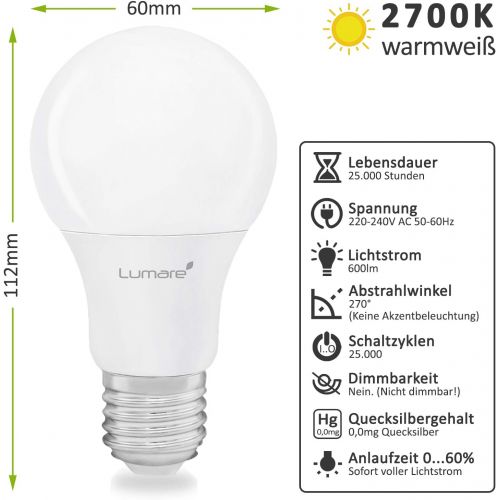  5er Sparset Lumare E27 LED Lampe 7W Ersetzt 60w 600 Lumen Watt Gluehbirne A60 Leuchtmittel 2700 Kelvin warmweiss Fassung