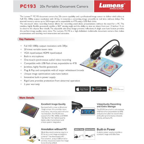  [아마존베스트]Lumens PC193 High-Definition Document Camera, Full HD 1080p Output Resolution with 30fps, 20x Variable Zoom Ratio, VGA and HDMI Input/Output, Built-In Microphone, Highly Flexible G
