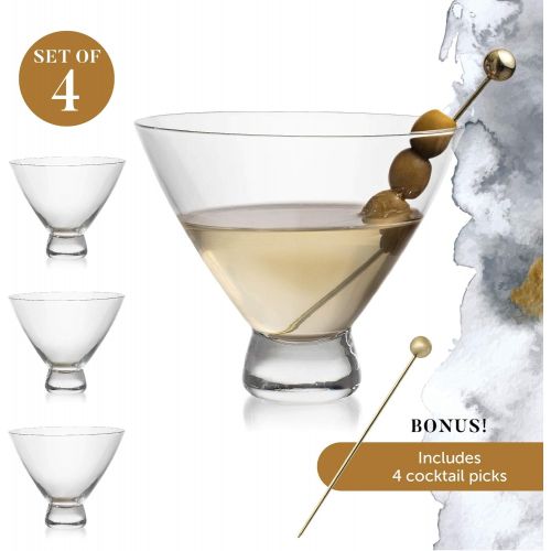  [아마존베스트]Stemless 10 Oz. Cocktail and Martini Glasses Set  4 Crystal Wine Glasses with 4 Gold-Plated Picks  Lead-Free, Handmade Bar Cart Supplies and Tools by Lumi & Numi, 4.3x3.7 In.