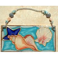 LuminaBella Beach Suncatcher Seashore Shell Coastal Decor Beach House Gift. Artisan Painted Aqua Blue Wall Hanging Stained Glass Panel, Ocean Art Glass