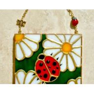 LuminaBella Artisan Painted Ladybug Window Hanging Wall Art, Stained Glass Panel. Ladybug Theme Ornament for Kitchen Decor, Suncatcher Gift & Decoration