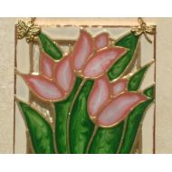 LuminaBella Pink & Green Tulip Suncatcher or Stained Glass Panel. Artisan Painted Window Hanging, Floral Wall Art, Ornament, Flower Lover Gift and Decor