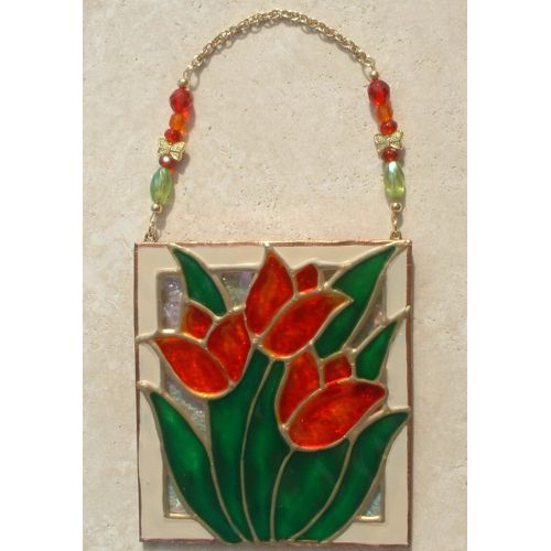  LuminaBella Stained Glass Tulips Flower Suncatcher or Panel. Artisan Painted Red Orange Tulips Art Gifts Wall Decor. Wall, Window Hanging & Ornament