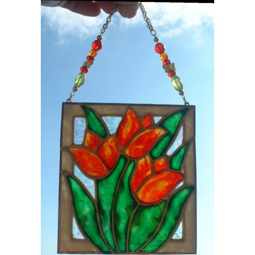  LuminaBella Stained Glass Tulips Flower Suncatcher or Panel. Artisan Painted Red Orange Tulips Art Gifts Wall Decor. Wall, Window Hanging & Ornament