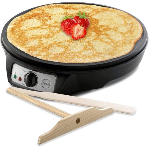  Lumme Crepe Maker - Nonstick 12-inch Breakfast Griddle Hot Plate Cooktop with Adjustable Temperature Control and LED Indicator Light, Includes Wooden Spatula and Batter Spreader.