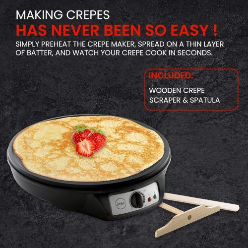 [아마존베스트]Lumme Crepe Maker - Nonstick 12-inch Breakfast Griddle Hot Plate Cooktop with Adjustable Temperature Control and LED Indicator Light, Includes Wooden Spatula and Batter Spreader.