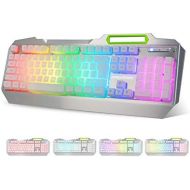 Lumsburry RGB LED Backlit Gaming Keyboard with Anti-ghosting, Light up Keys Multimedia Control, USB Wired Waterproof Metal Keyboard for PC Games Office (Silver&White)