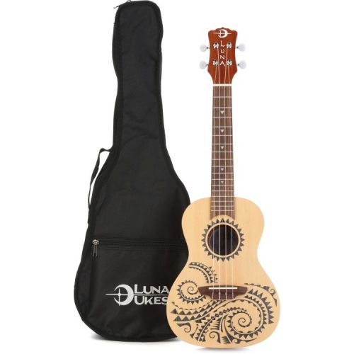  Luna Tattoo Spruce Concert Ukulele Essentials Bundle - Satin Natural