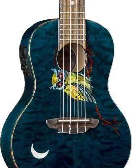  Luna Owl Quilt Top Concert Ukulele with Preamp - Trans Blue