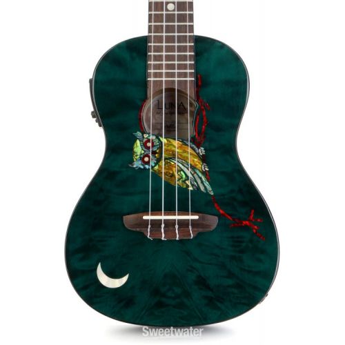  Luna Owl Quilt Top Concert Ukulele with Preamp - Trans Blue