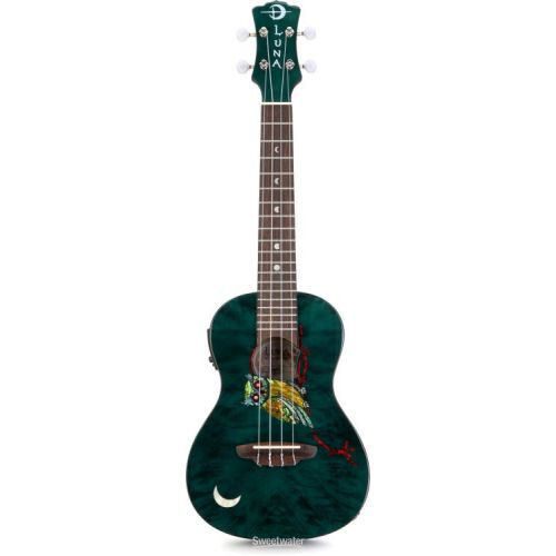  Luna Owl Quilt Top Concert Ukulele with Preamp - Trans Blue