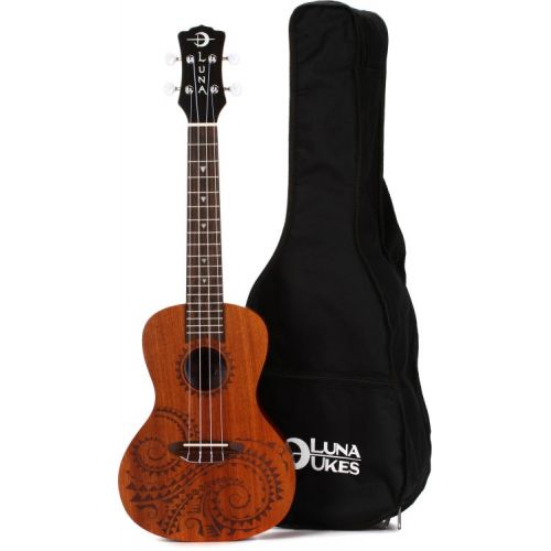  Luna Tattoo Mahogany Concert Ukulele Essentials Bundle - Satin Natural