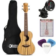 Luna Crescent Black and White Ebony Concert Ukulele Essentials Bundle - Natural